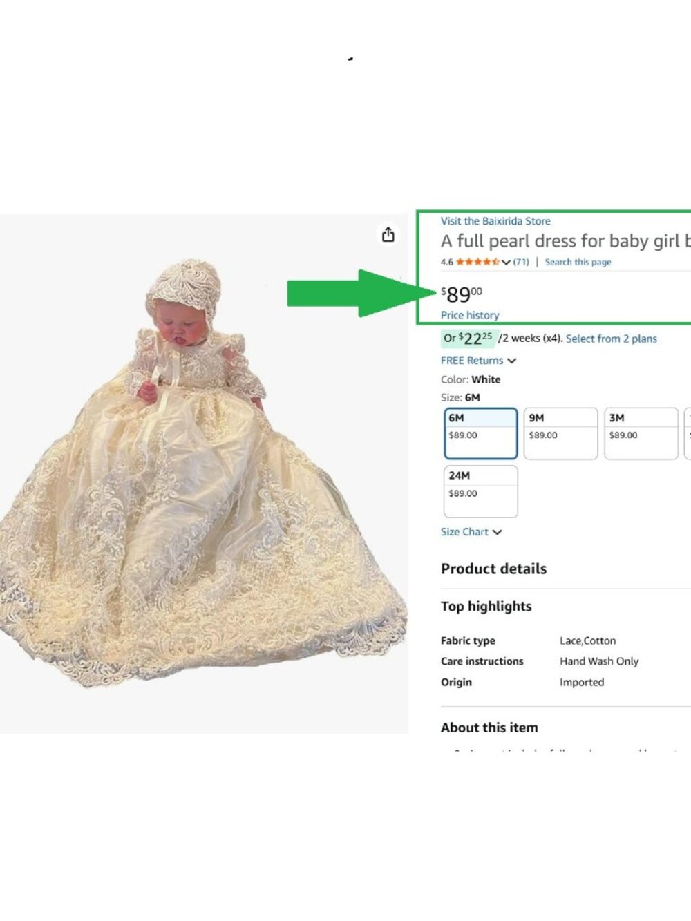 Baby Baptism Gown Full Pearl White 6M - Picture 14 of 14